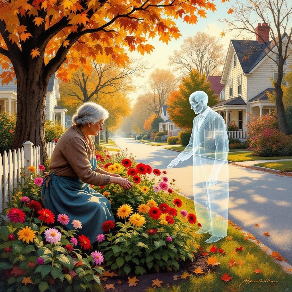 Elderly Woman Tends Garden With Spectral Husband's Memory