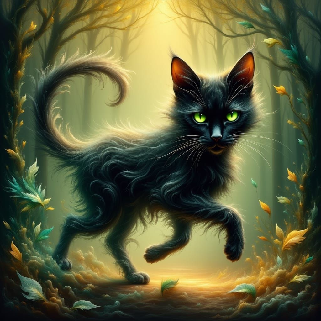 Ethereal Black Cat in Sun-Dappled Forest