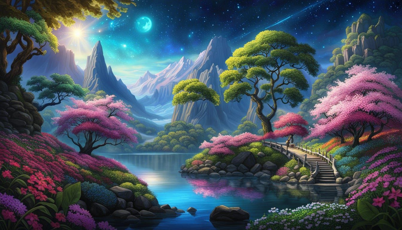 Enchanted Fantasycore Paradise with Bioluminescent Flowers