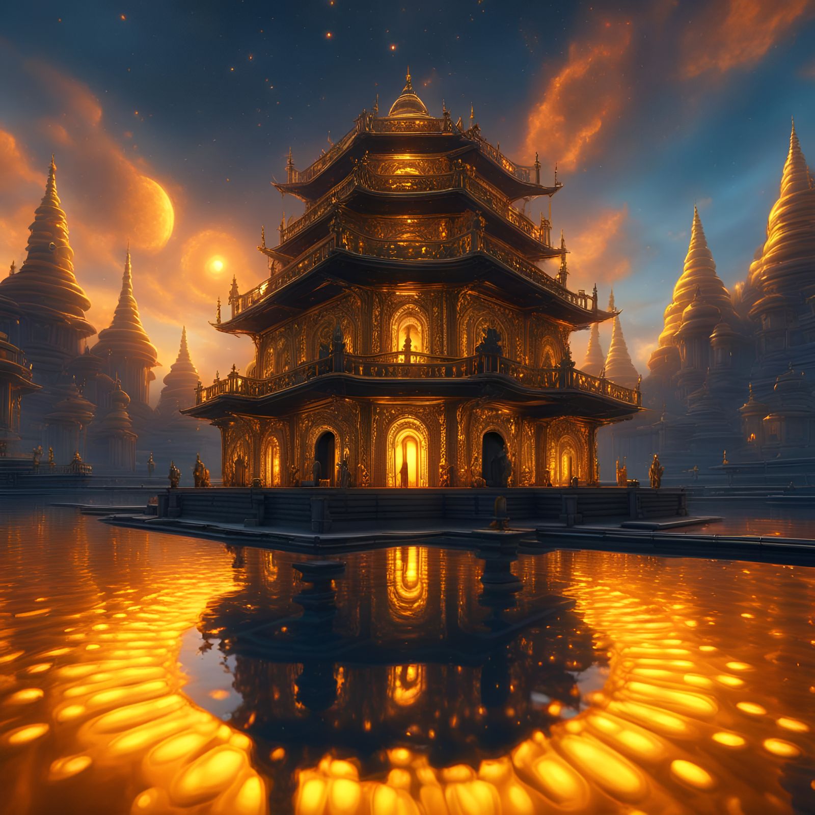 Golden Temple with Luminescent Light in Metallic Fantasy