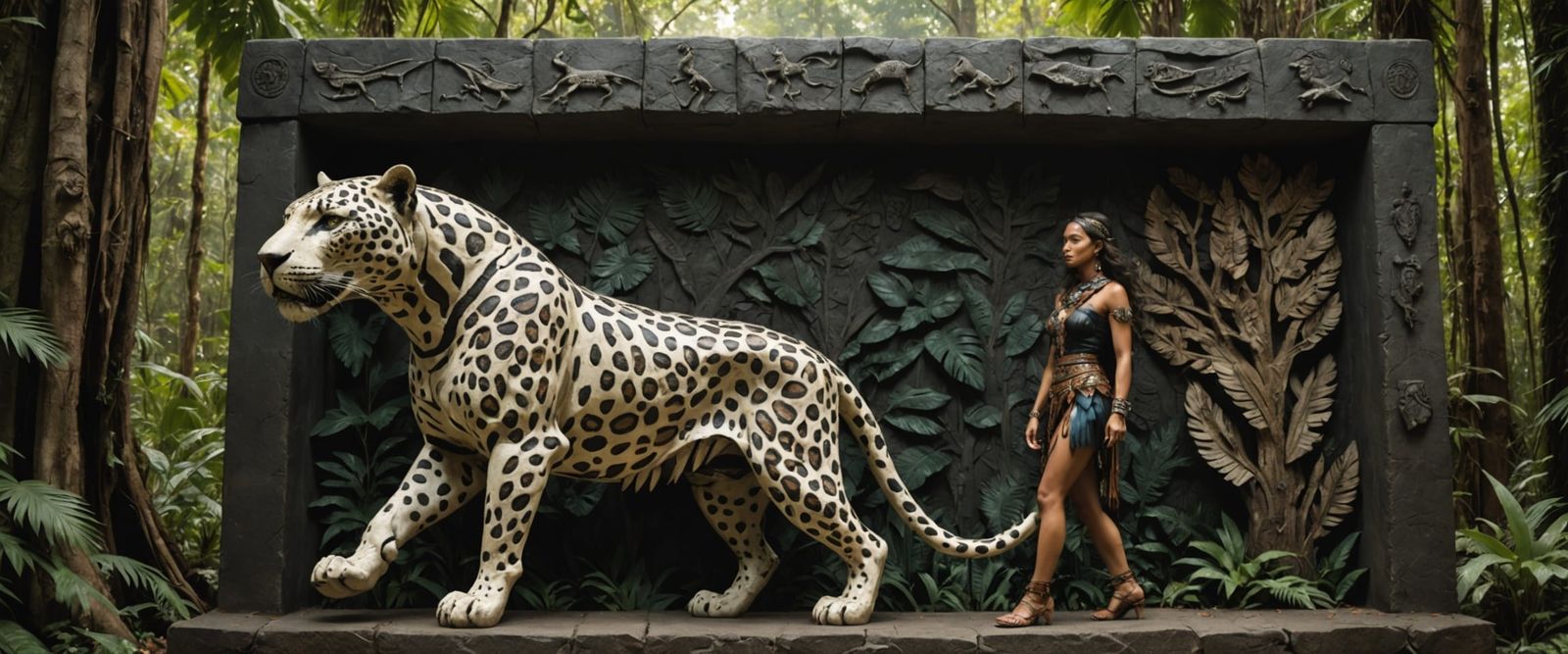 Leather Sculpture: Woman and Jaguar in Jungle Ruins
