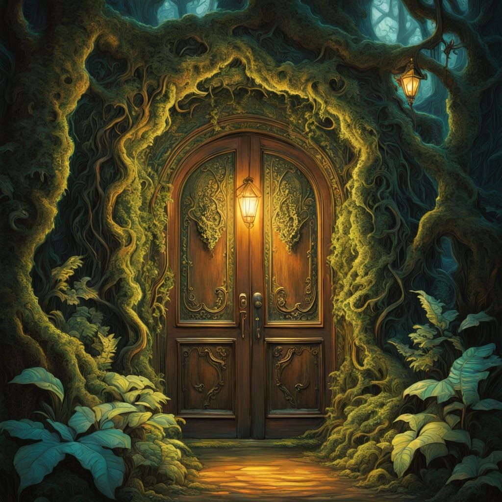 Bioluminescent Jungle Door in Vibrant Oil Painting Style