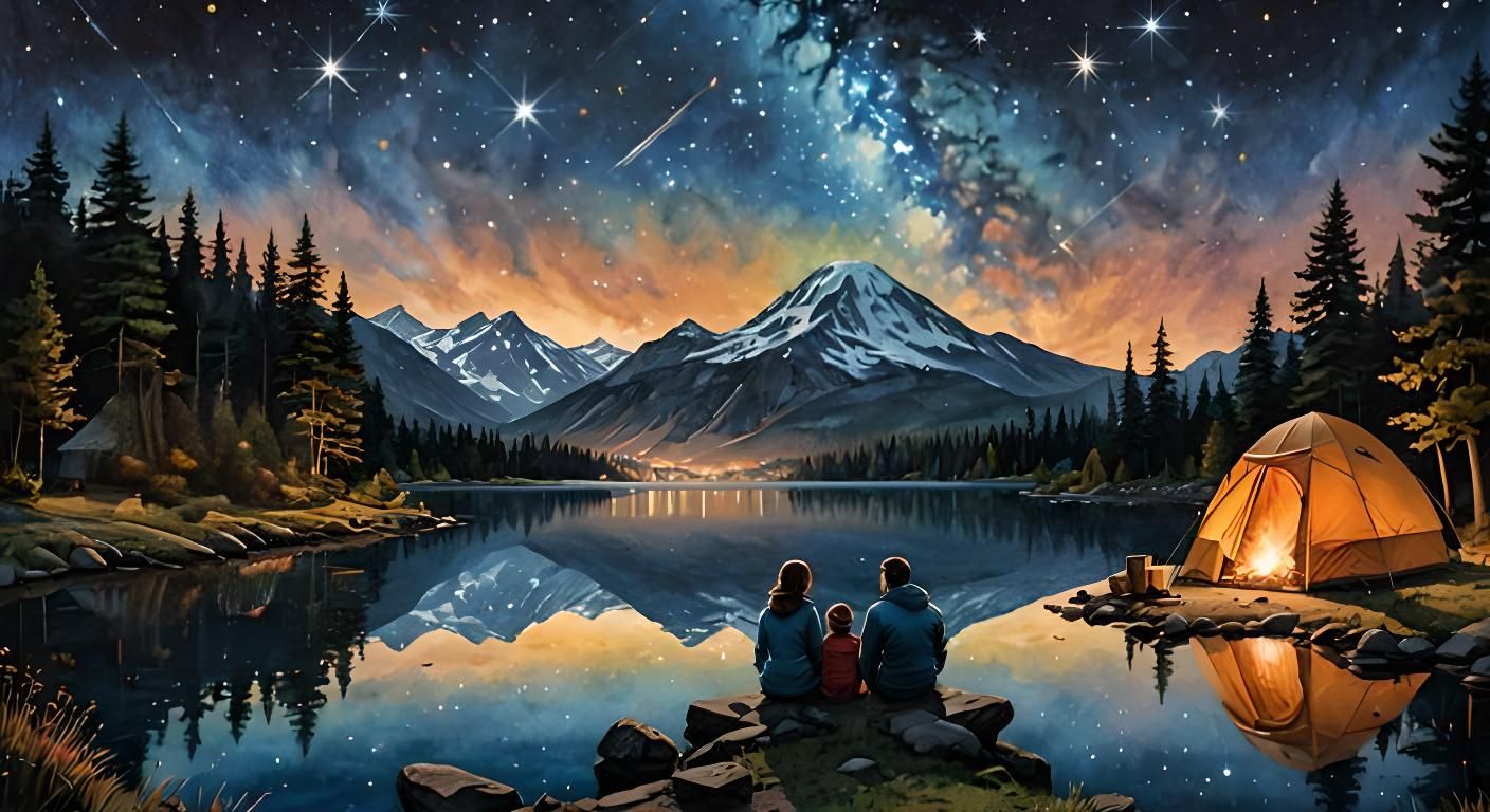 Family Campout Under the Stars in Watercolor