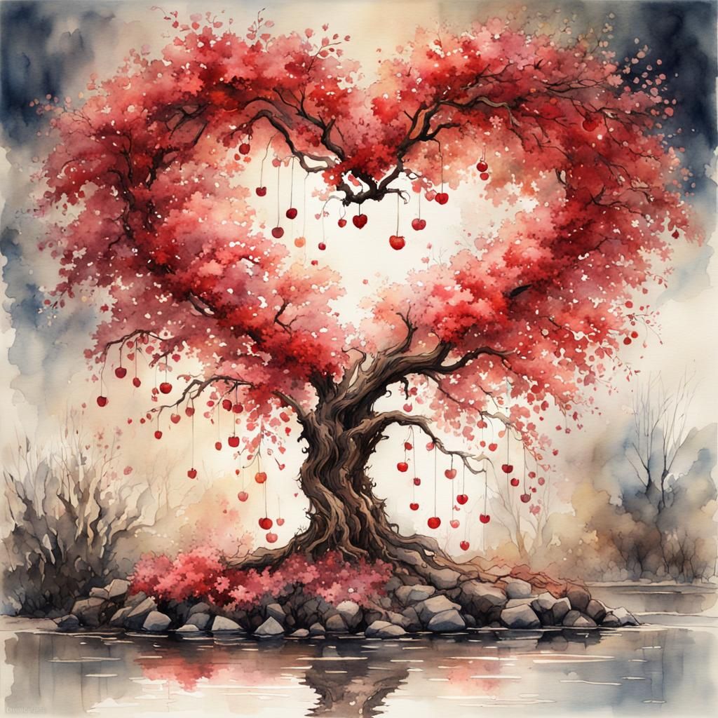 Heart-Shaped Cherry Tree Watercolor Painting