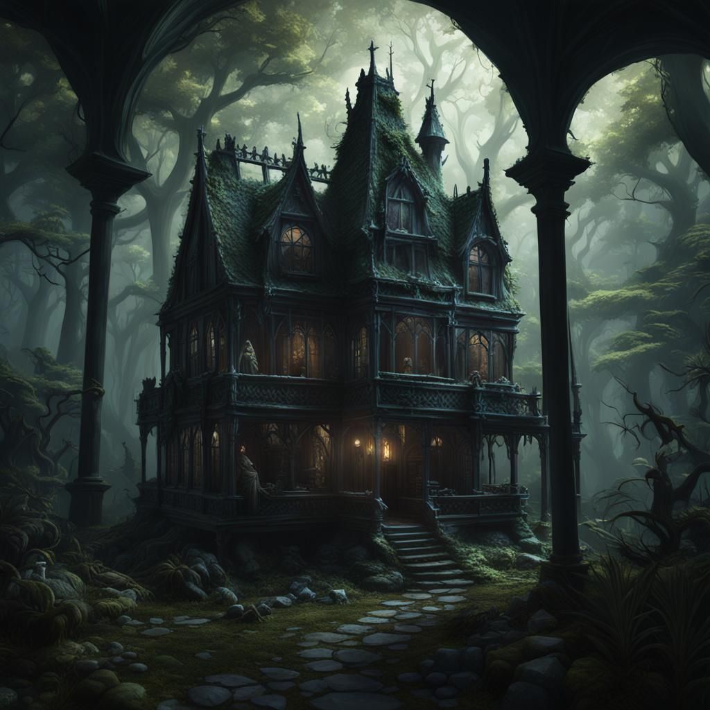 Haunted Forest Terrarium in Gothic House, Dark Fantasy Art