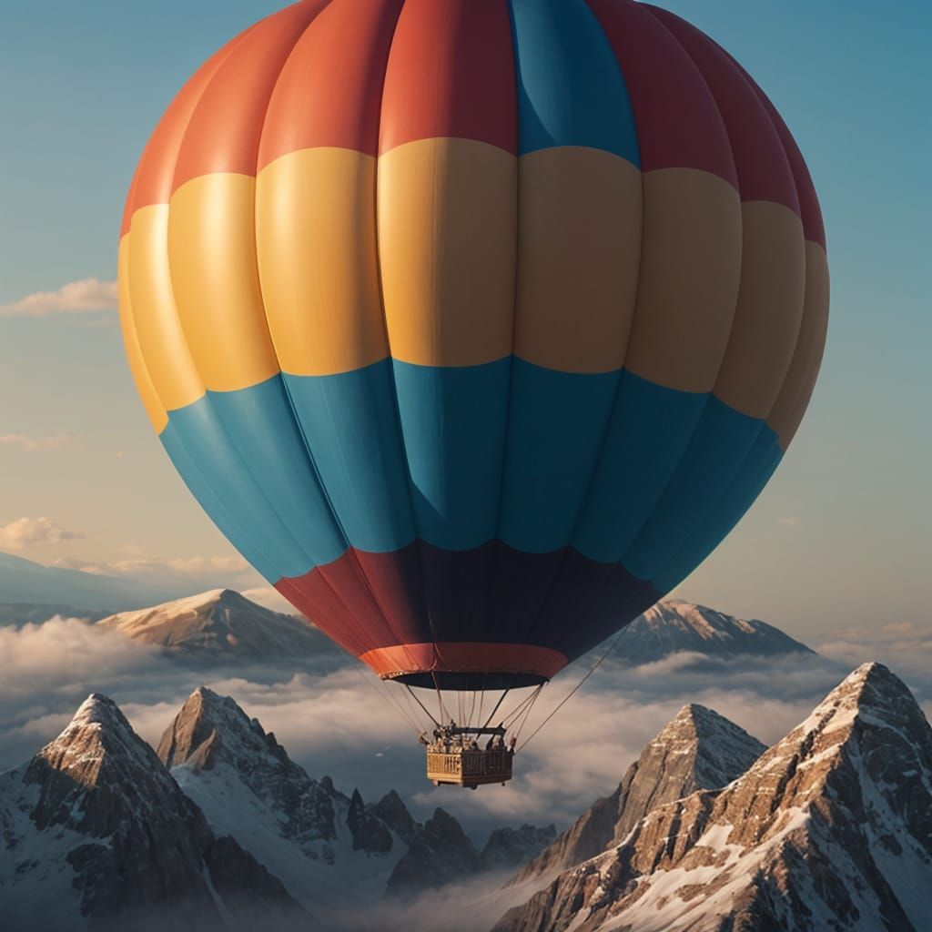 Hot air balloon gliding across a mountain range