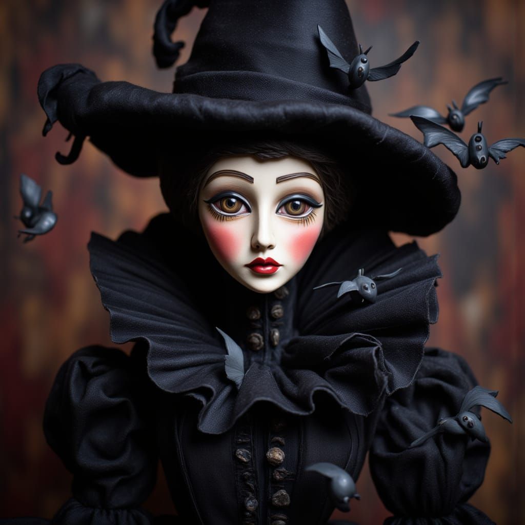 Porcelain Witch Doll Surrounded by Bats and Spiders