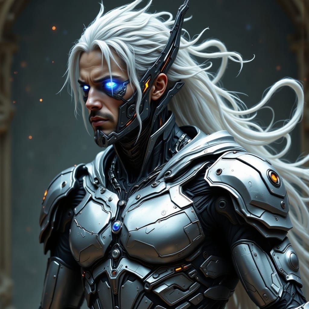 Cyborg Warrior in Starlit Dreamscape