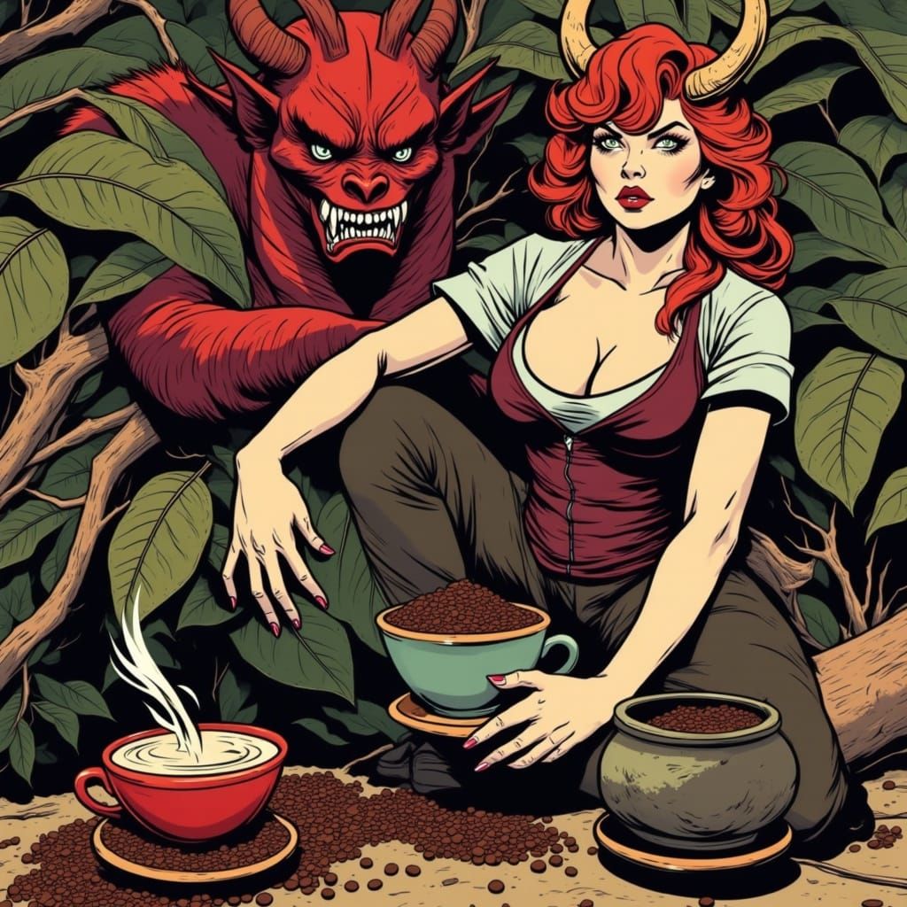 Satan Sips Caffeine in a Pointillist Pinup