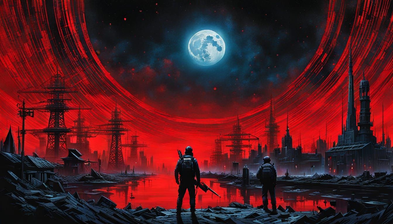 Dystopian Noir Cityscape Under a Blood Moon