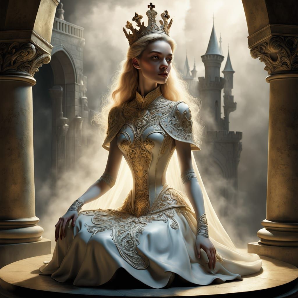 Surrealist Chess Queen in Abandoned Castle