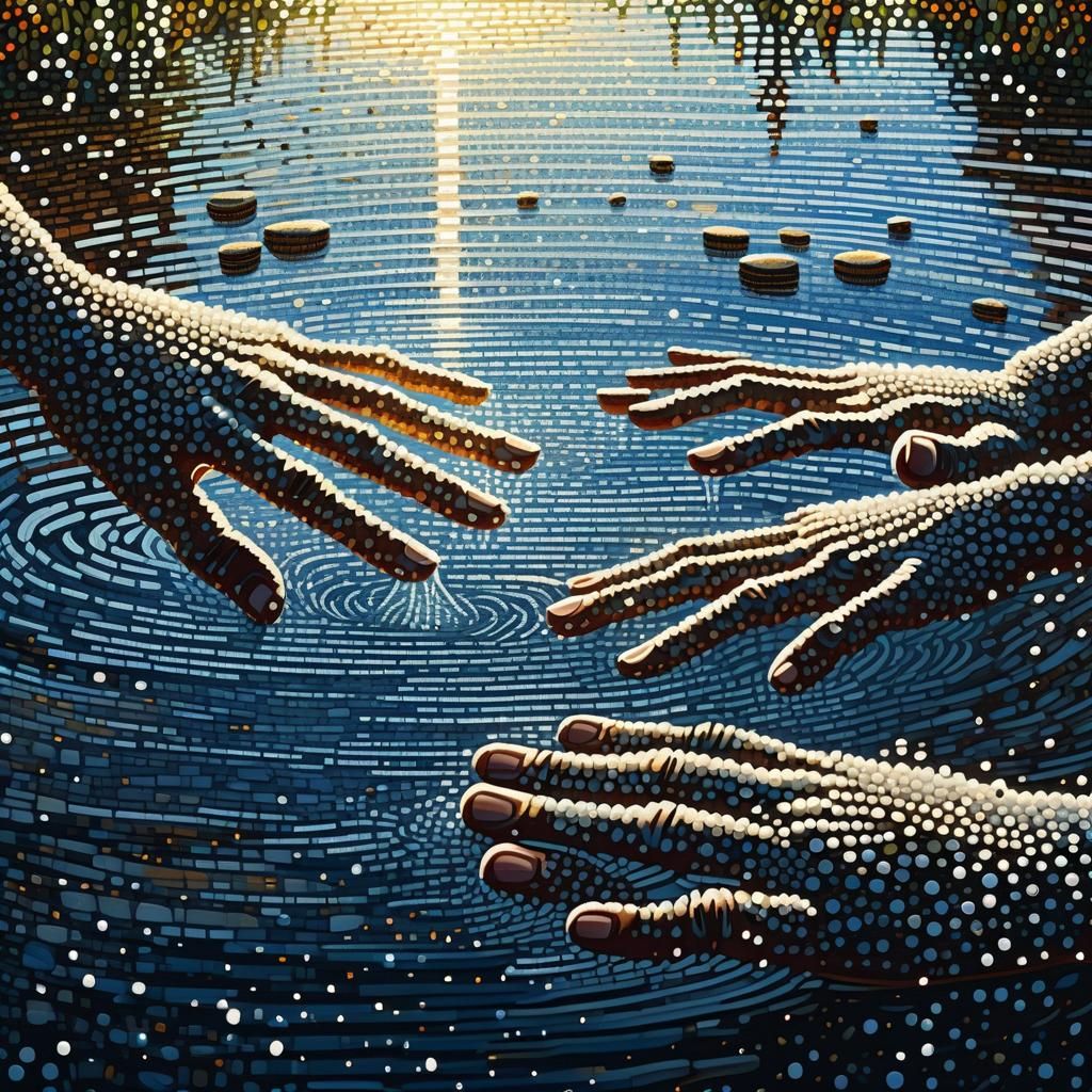 Pointillist Hands Washing in River, Impressionist Style