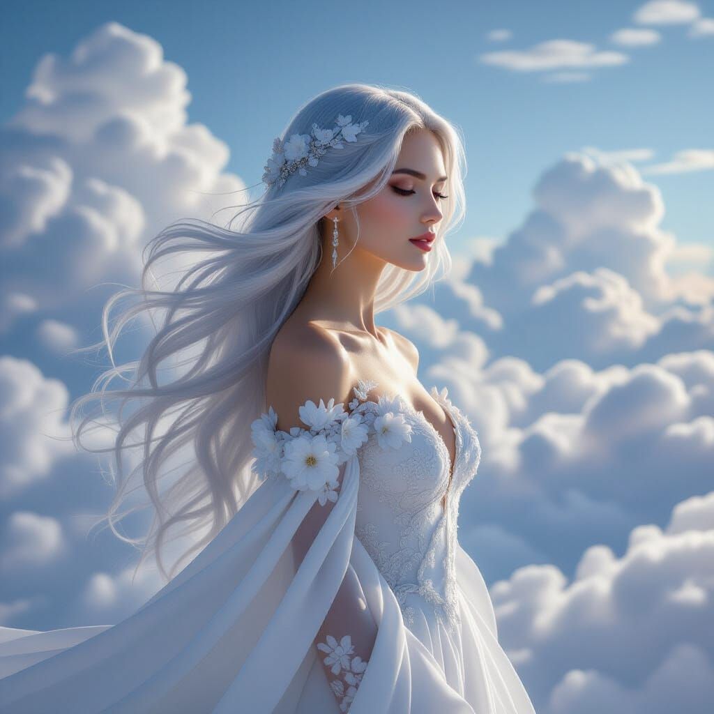 Ethereal Woman in Clouds: Dreamlike Celestial Portrait