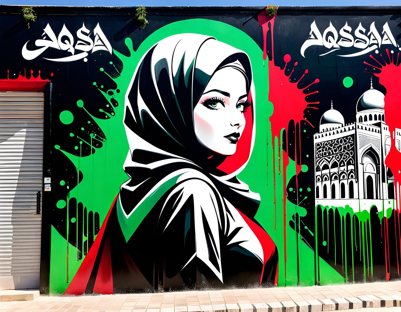 Palestinian Woman Graffiti Mural in Neo-Expressionist Style