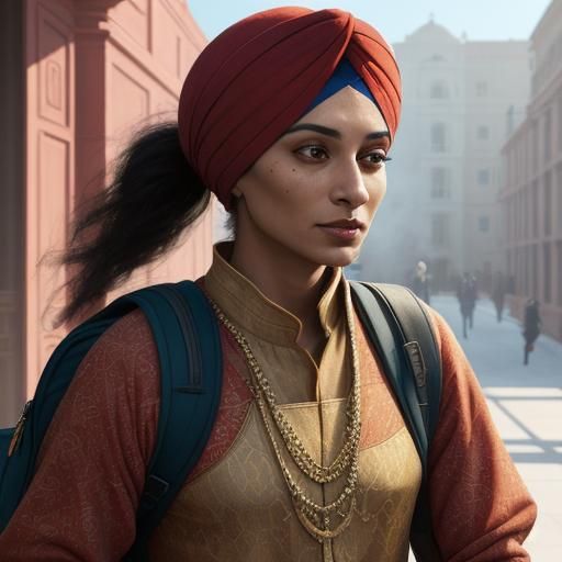 Sikh Woman with Red Turban, Expressive Portrait