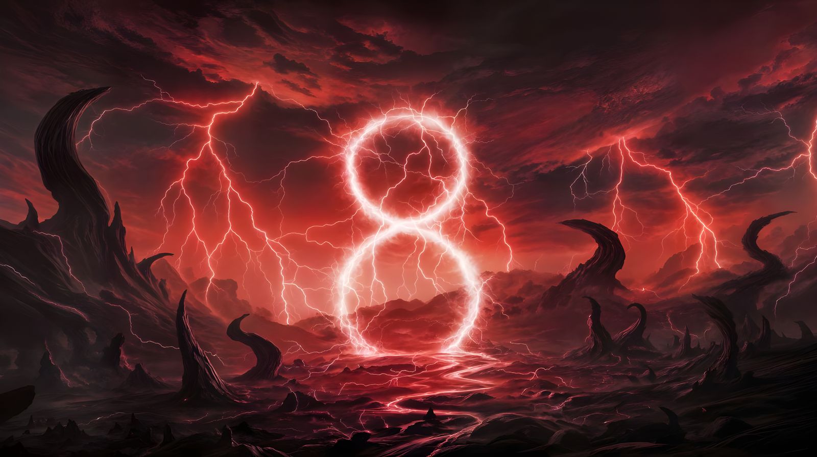 Majestic Red Lightning Storm with Glowing Number 8 in Dark F...