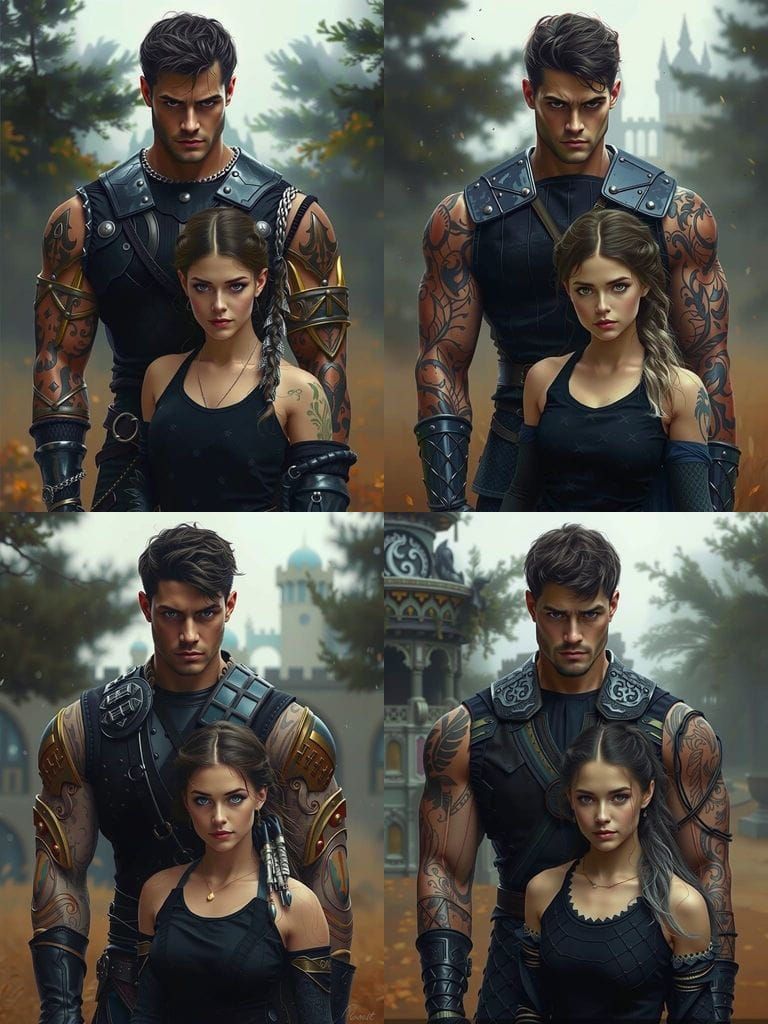 Muscular Man and Petite Woman Before Castle
