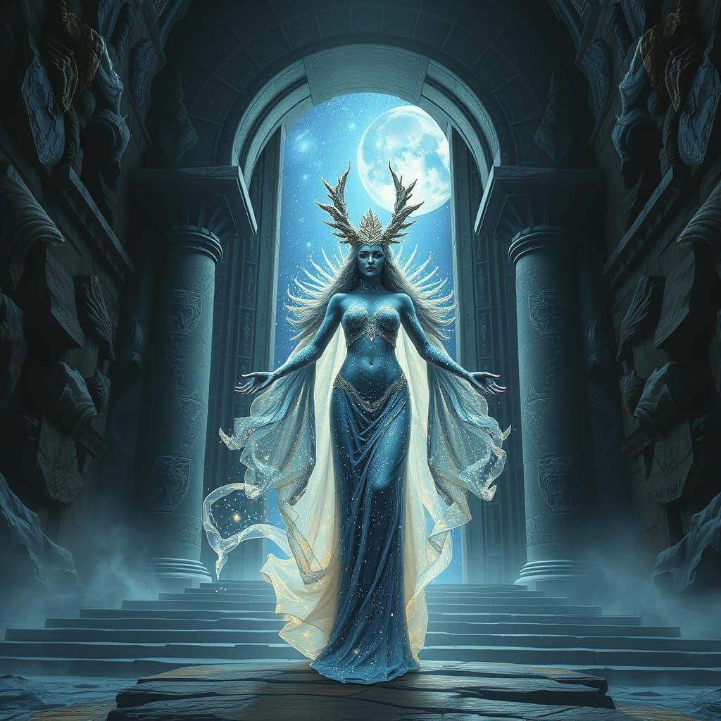 Celestial Goddess Asherah at Cosmic Temple Entrance