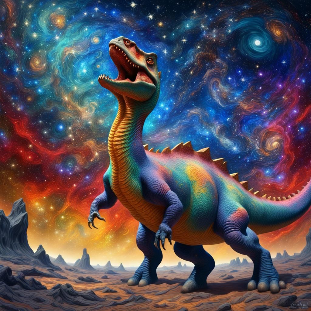 Starikosaurus Dinosaur Roaming Cosmos in Vivid Impasto