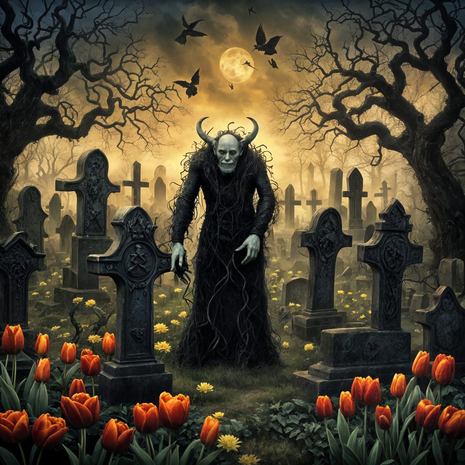 Gothic Troll Graveyard with Roses and Tulips