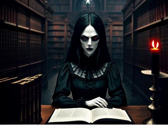Gothic Woman in Dim Library, Digital Art