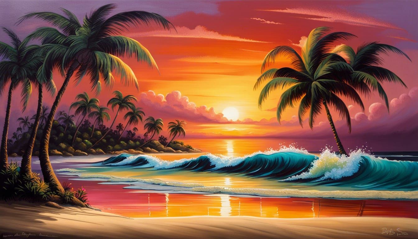 Tropical Island Sunset Impasto Painting