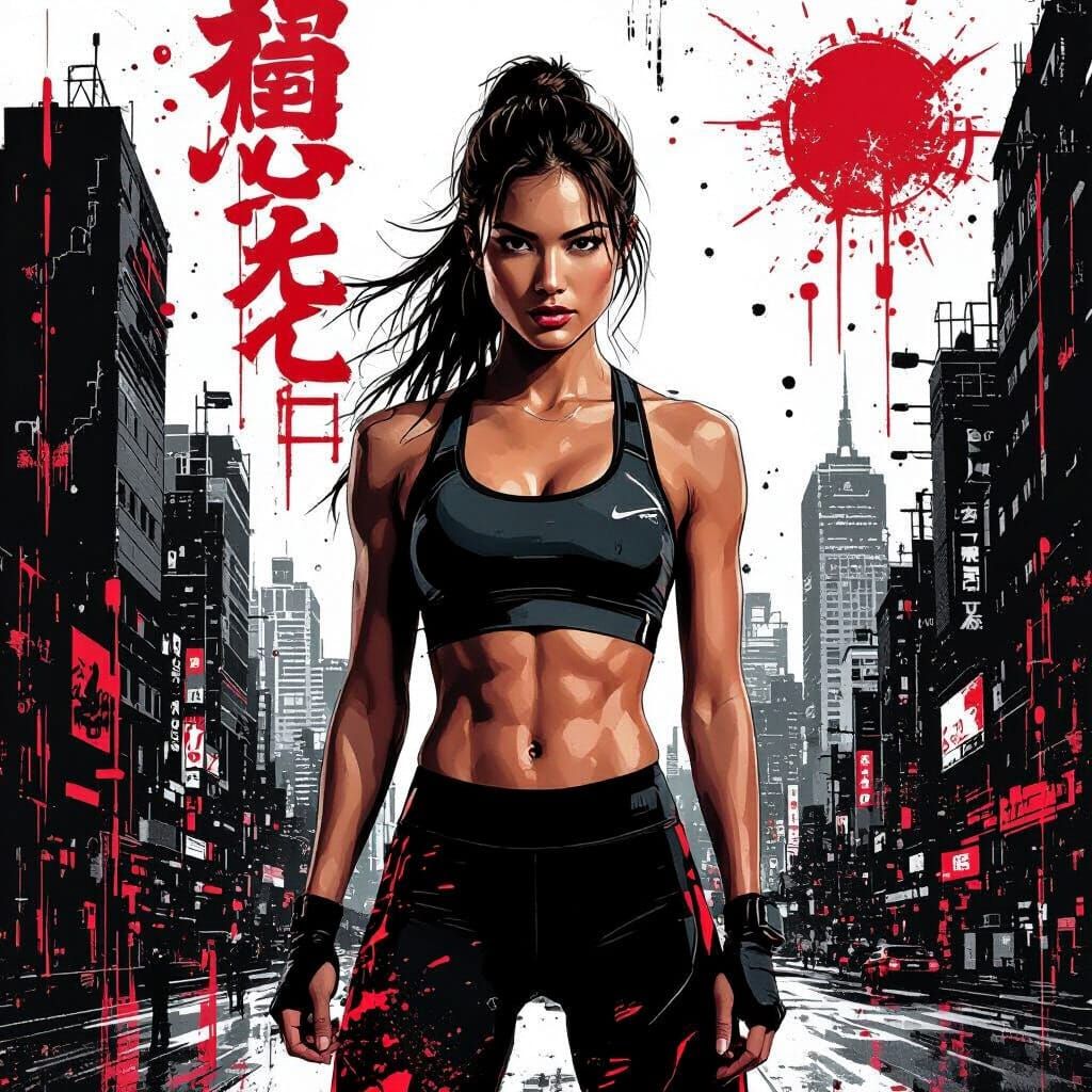 Woman in Cityscape with Grungy Abstract Design