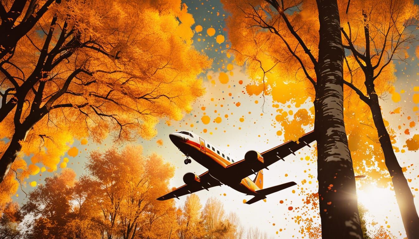 Airplane Soaring Through Autumnal Trees in Urban Stencil Art