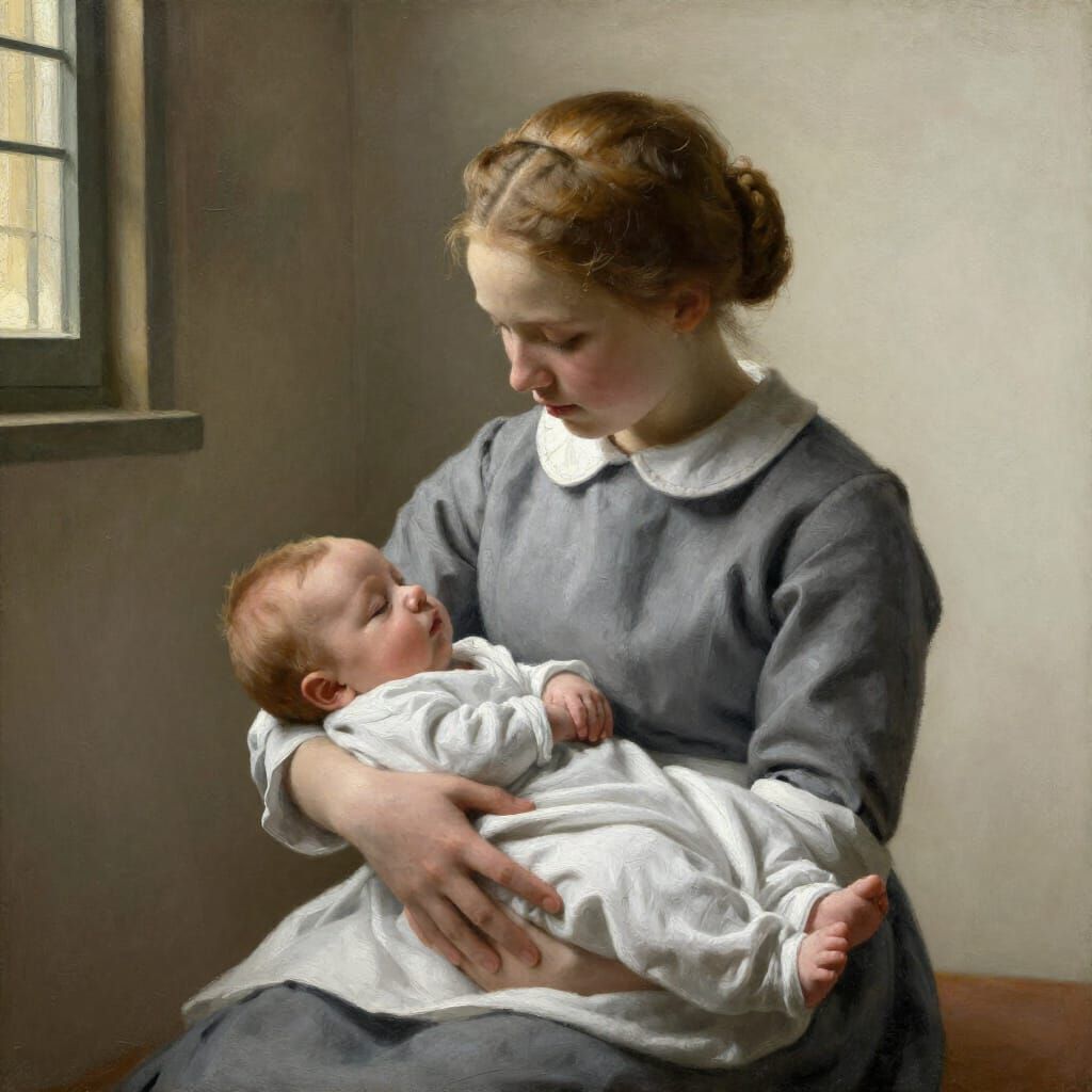Kind Nursemaid Cradles Infant in Realistic Oil Painting