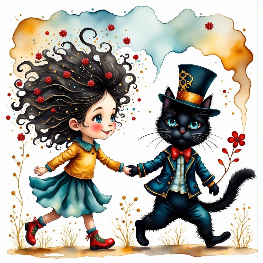 Whimsical Portrait of a Young Girl and Her Imaginary Feline ...