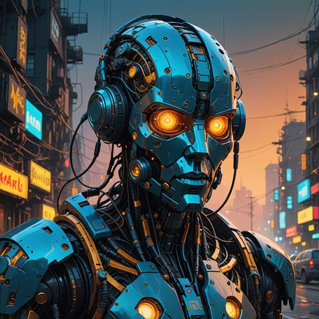 Glowing Humanoid Robot Revealed in Neon Cityscape