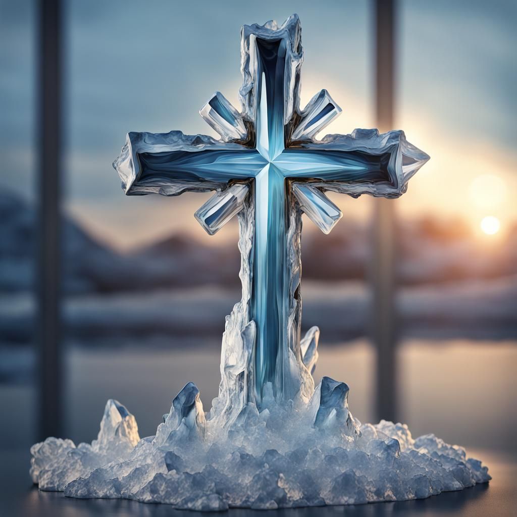 Gleaming Crystal Cross Sculpture in Moonlight