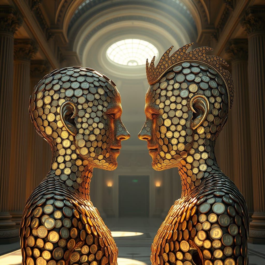 Humans Crafted from Coins in a Sunlit Steampunk Hall