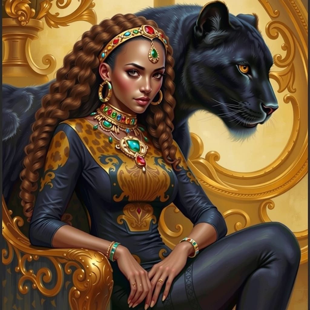 Regal Woman on Gilded Throne with Black Panther
