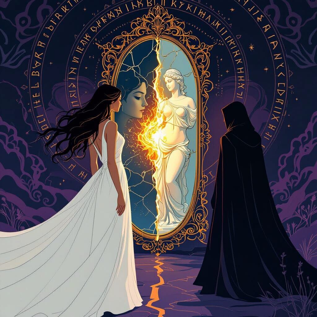 Mystical Woman's Divided Reflection in Surreal Style