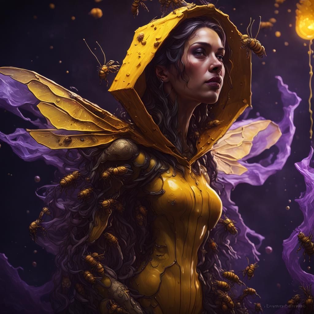 Honey Bee Woman in Hive, Detailed Fantasy Art