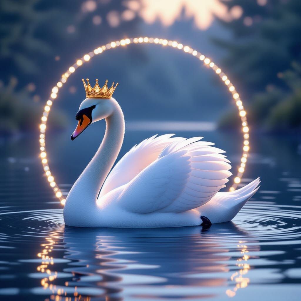 Majestic Swan with Golden Crown in Serene Lake at Dawn