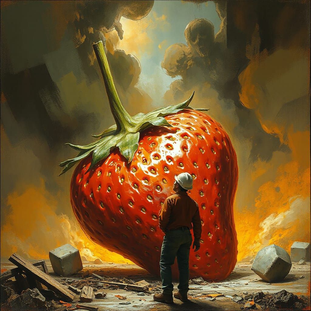 Construction Worker Amazed by Giant Strawberry in Horror Sty...