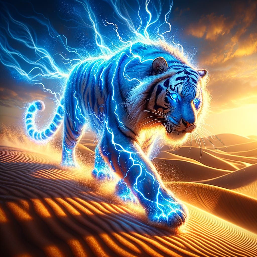 Blue Lightning Tiger Striding Through Golden Dunes