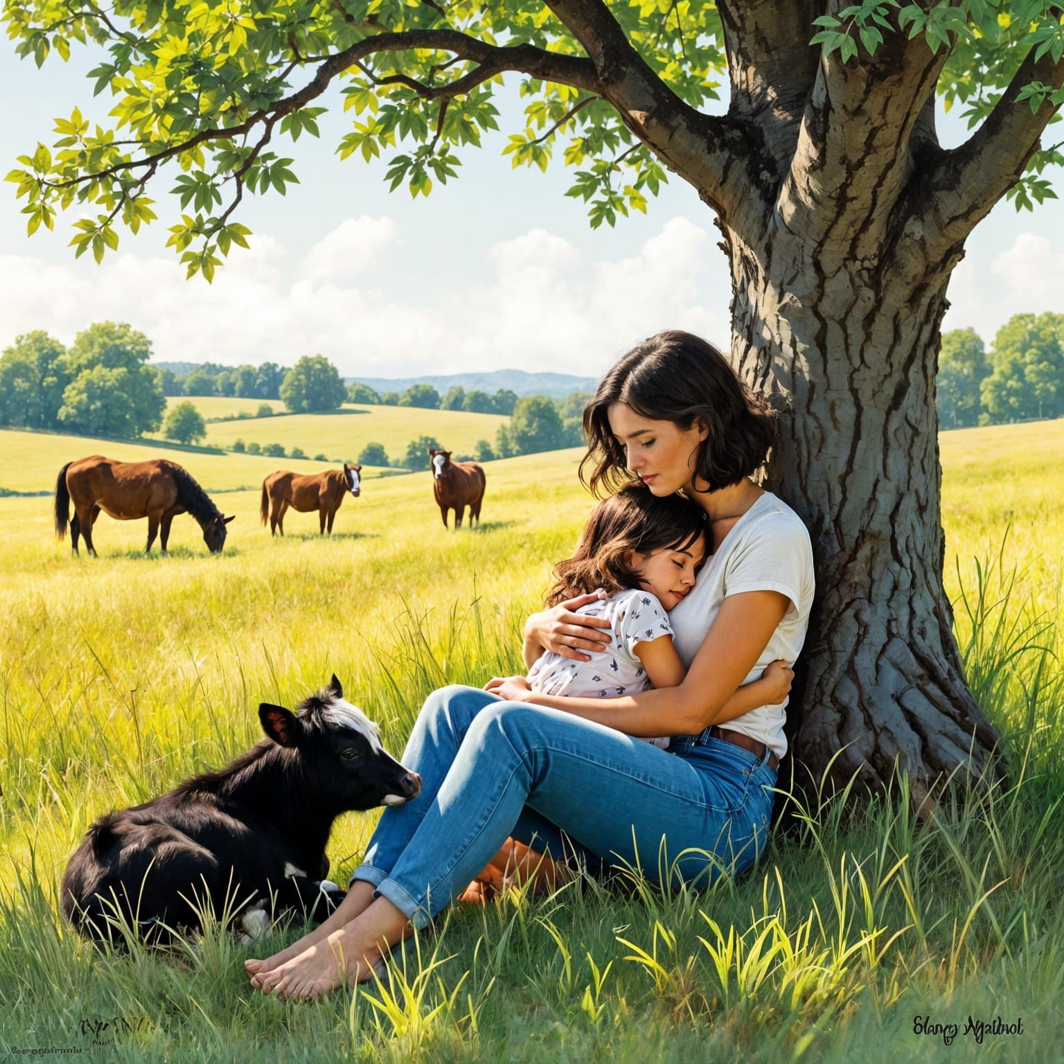 Idyllic Meadow Scene with Woman, Child and Animals