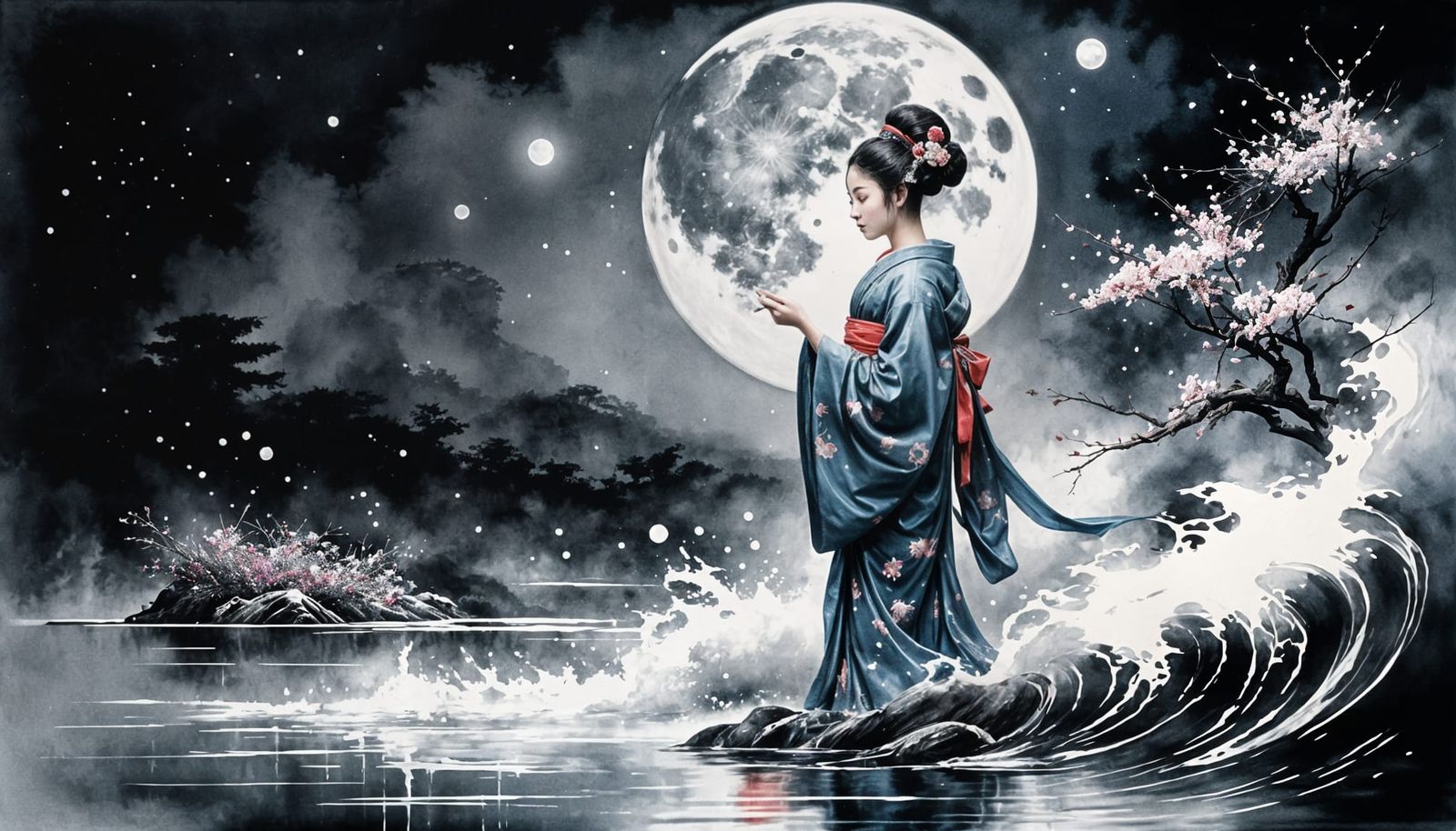 Moonlit Geisha by River in Watercolor Style