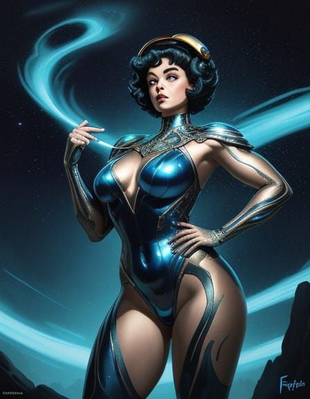 A curvaceous Betty Boop, dressed in a sleek astronaut suit, posing heroically with confident dynamism, set against a vib...