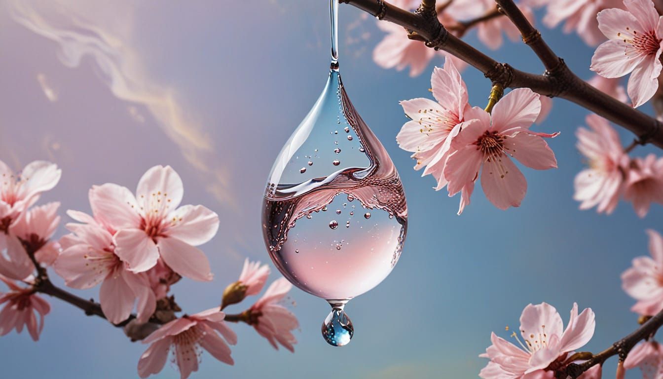 Surreal Water Droplet on Cherry Blossom Petal