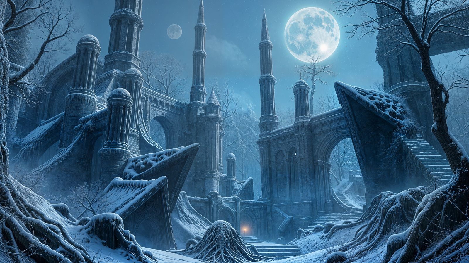 Mystical Snow-Covered Ruins in a Winter Forest