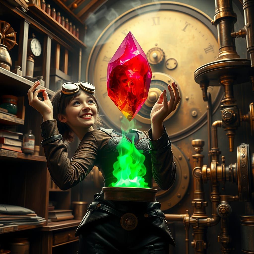 Alchemy Lab Scene with Joyful Female Alchemist