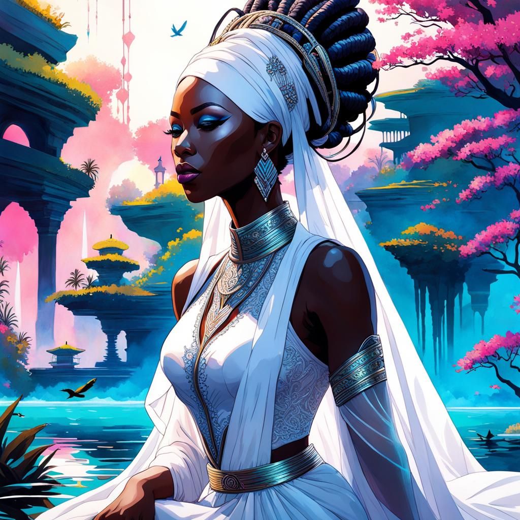 African Queen in Cyberpunk Biomech Garden Watercolor