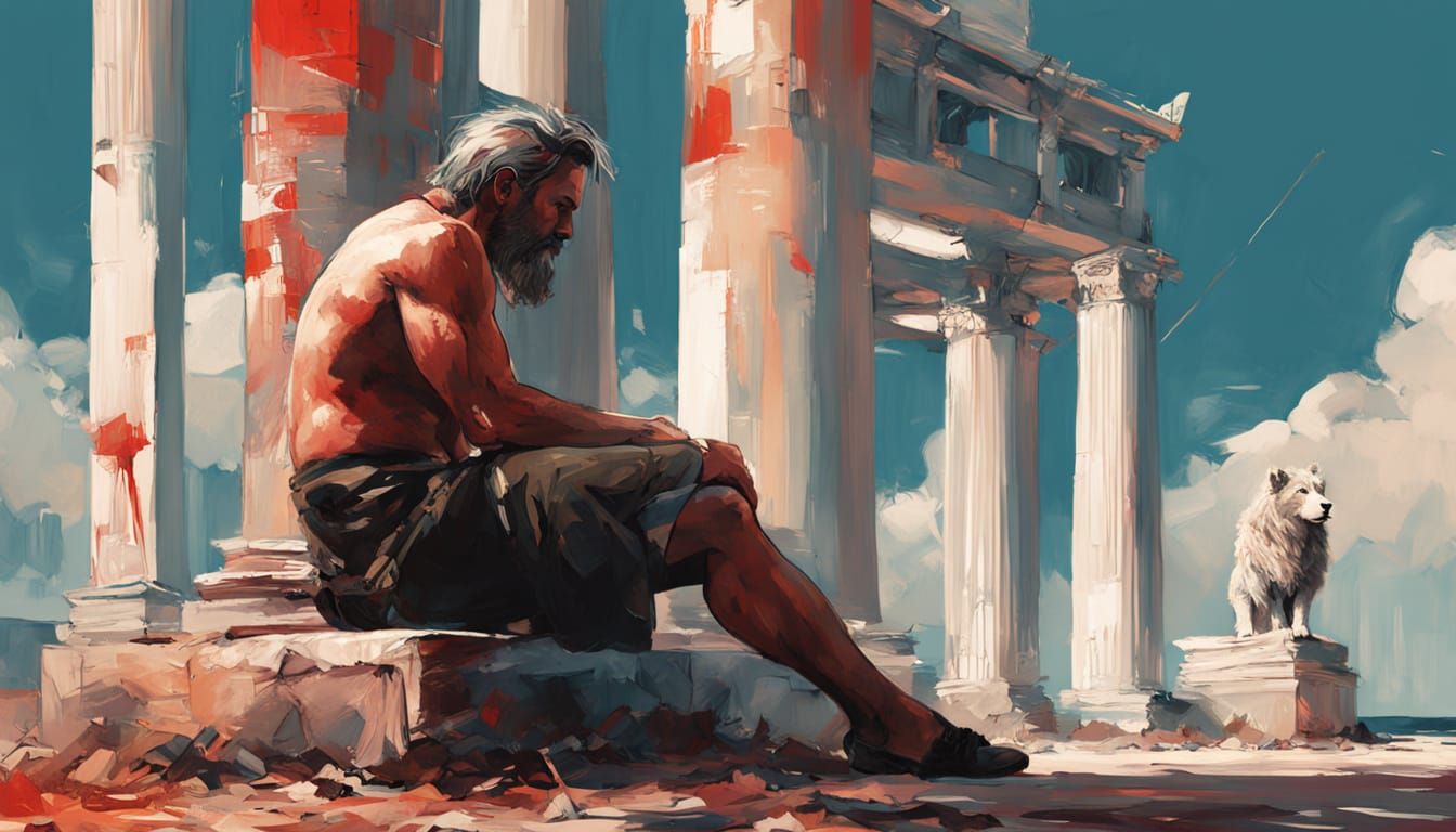 Strong Man in Ancient Temple with Majestic Creatures