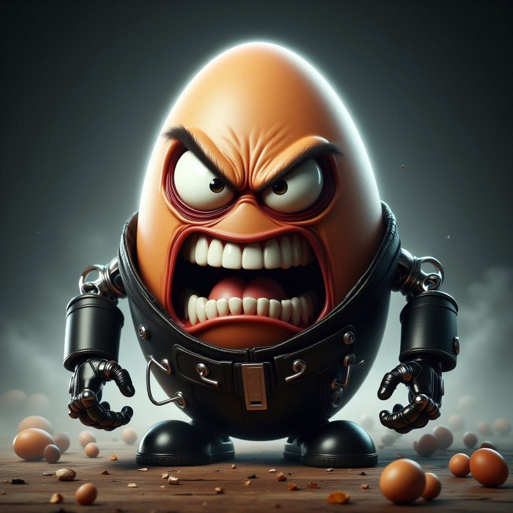 An angry anthropomorphic egg fused with Arnold Schwarzenegge...