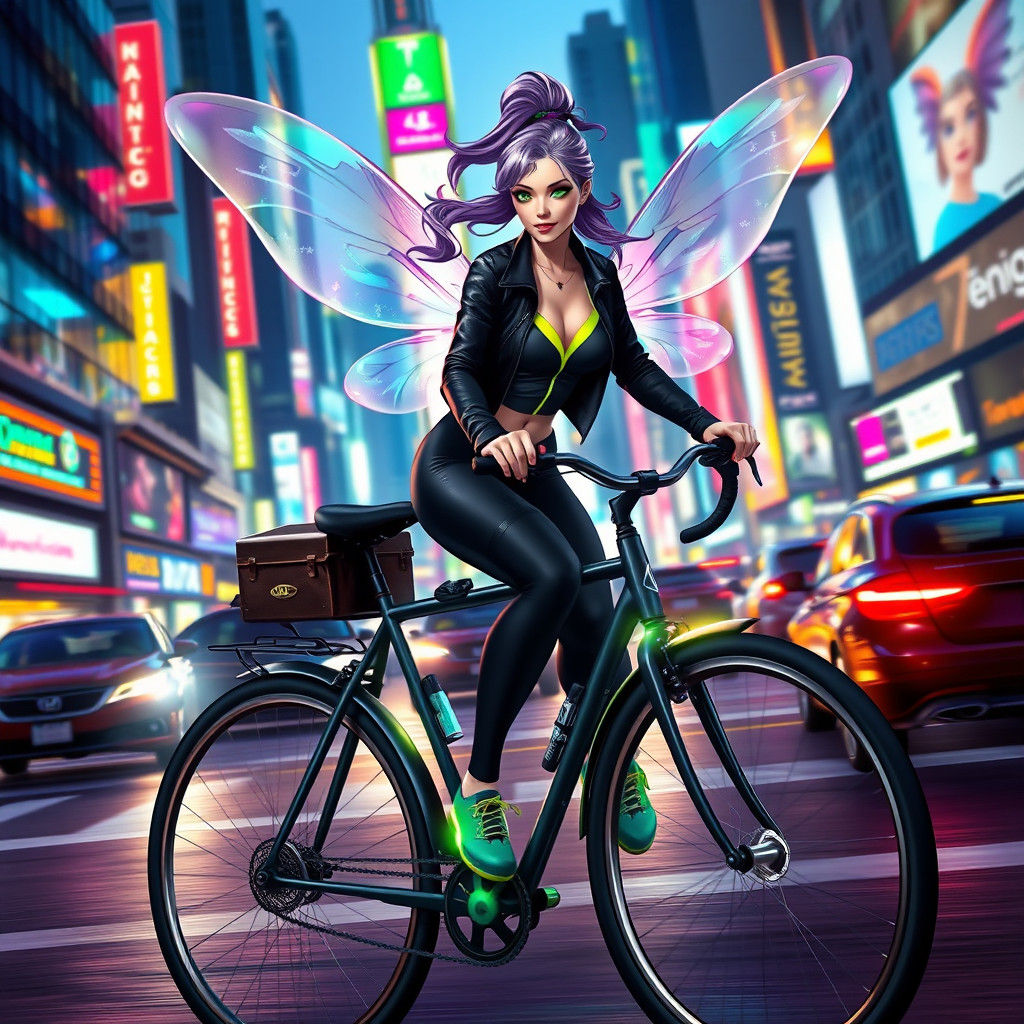 Faerie Courier Rides Through Cyberpunk Cityscape