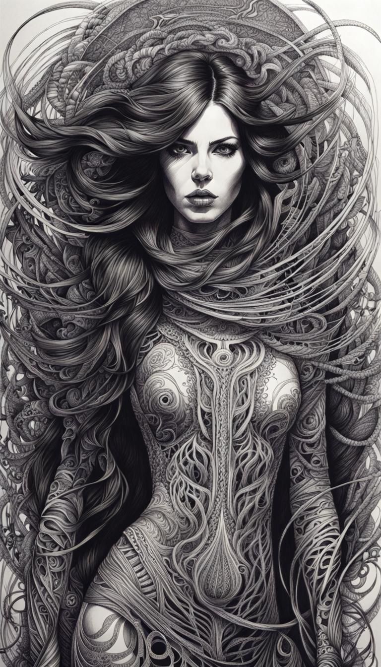 Scared Woman in Macabre Ballpoint Pen Art